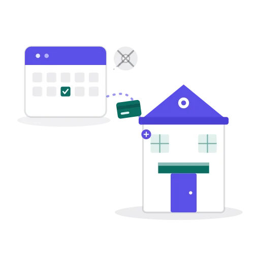 Illustration of a booking calendar sending a payment on a direct line straight into a studio's own storefront, with a crossed-out middleman icon bypassed along the way.