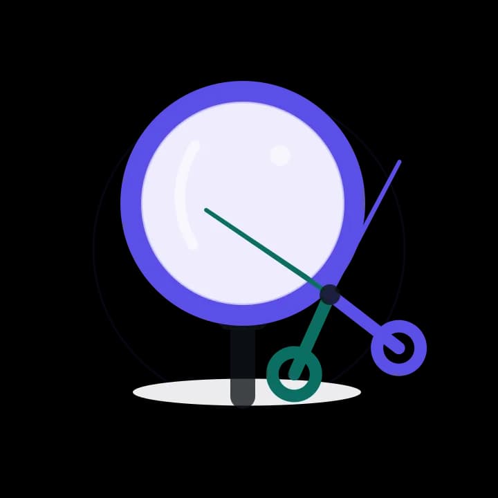 Illustration of a hand mirror with scissors crossed in front of it, representing a salon styling station.