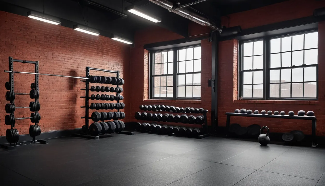 A moody boutique gym with exposed brick, matte-black dumbbell racks, and dramatic industrial lighting.