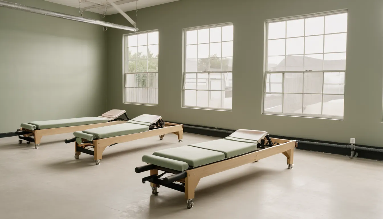 A row of pilates reformer machines with pale wood frames and sage upholstery in a bright, minimalist studio.