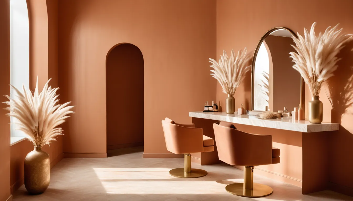 A minimalist salon styling station with cream chairs, a brass-framed mirror, and warm terracotta walls.