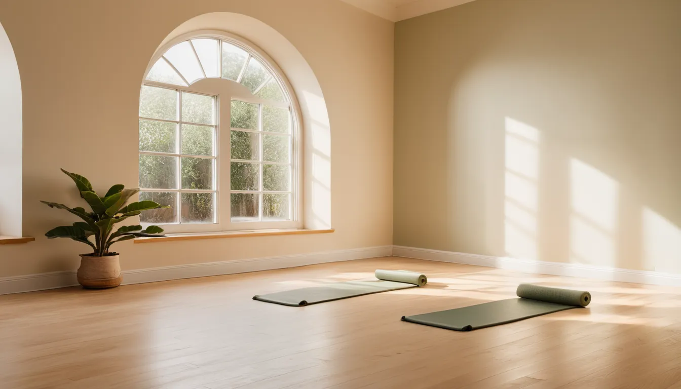 A sunlit boutique yoga studio with light oak flooring, rolled linen yoga mats, an arched window, and a potted plant.